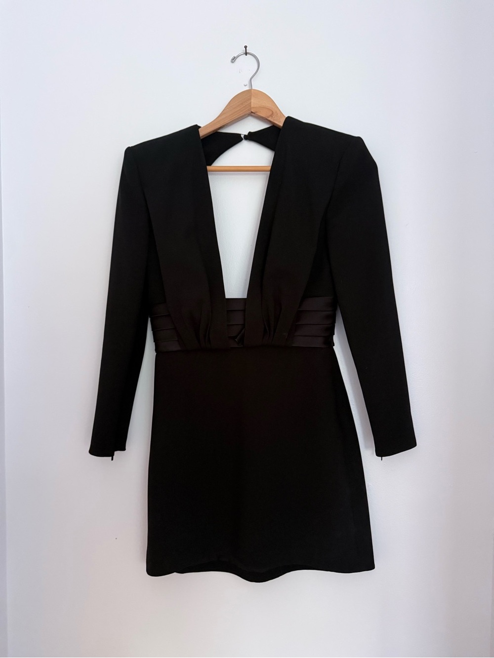 Saint Laurent Black Long-Sleeve Plunge Mini Dress